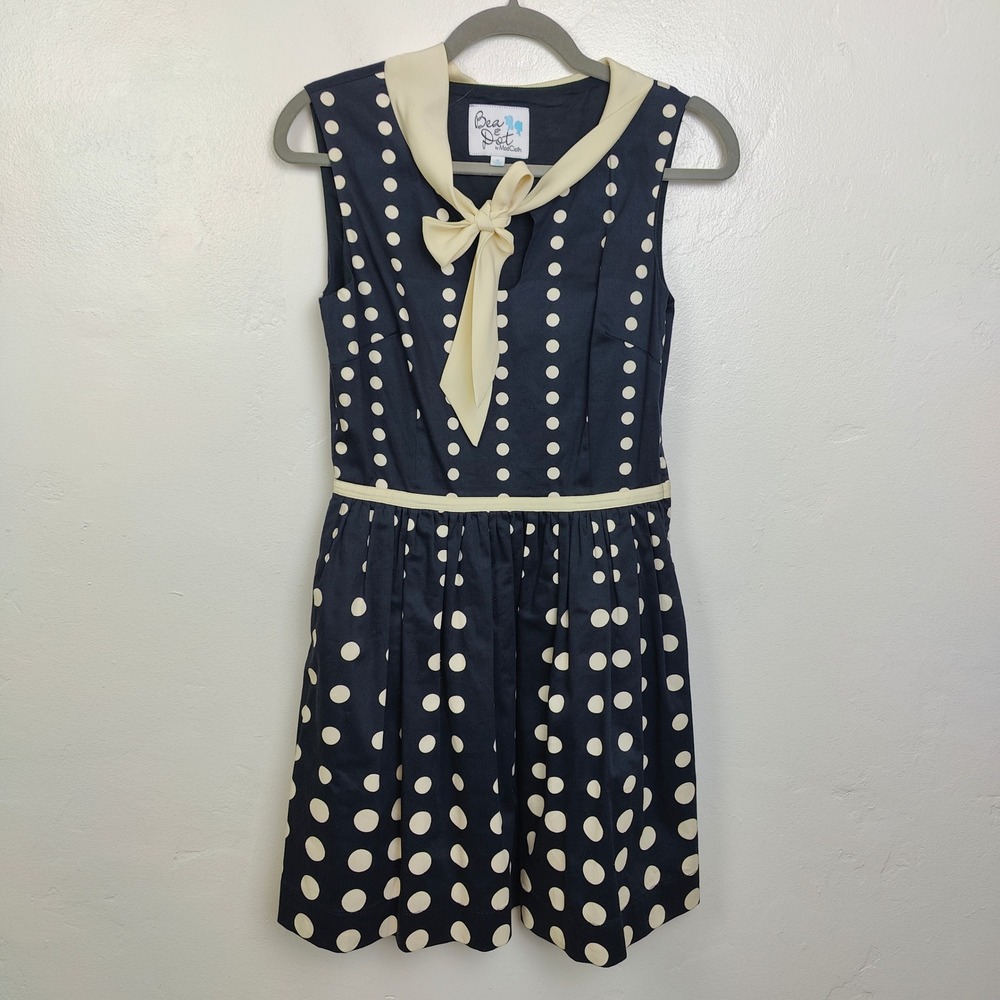 Bea & Dot ModCloth Womens Dress Small Blue Polka Dot Bow Peter Pan Rockabilly